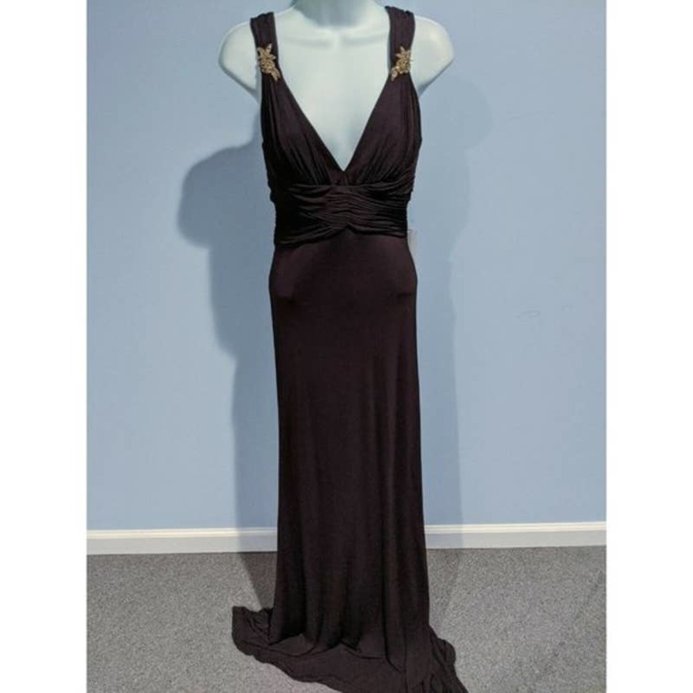 Badgley Mischka Ruched V-Neck Sleeveless Maxi Dress Size 4 Padded Cups Brown